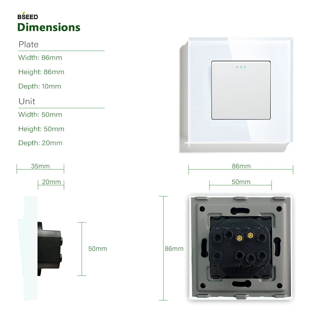 Bseed Alloy 2 Gang 1 Way Crystal Glass Panel Push Button Switch