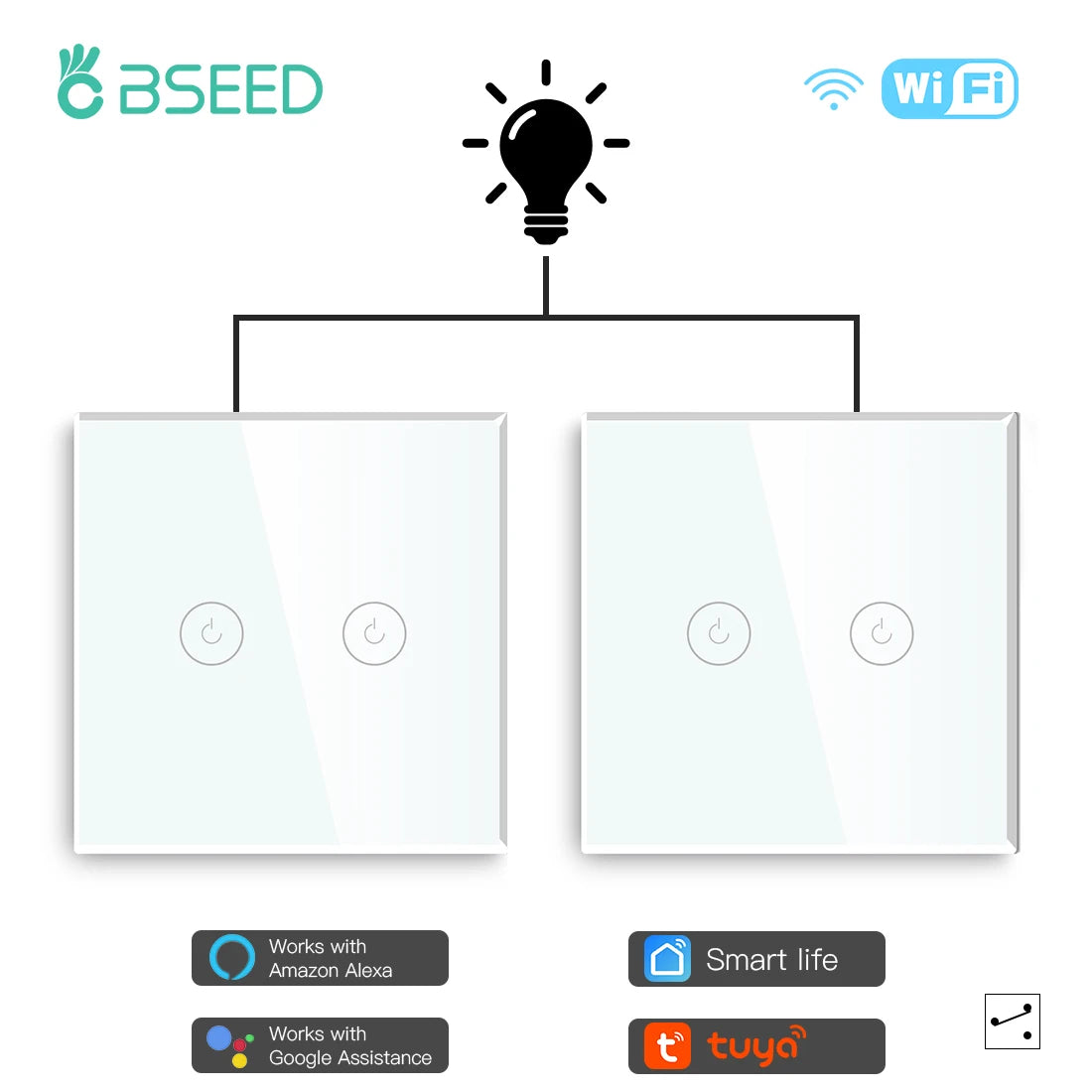 Bseed Alloy 2 Gang 3 Way Crystal Glass Panel Smart Touch Switch