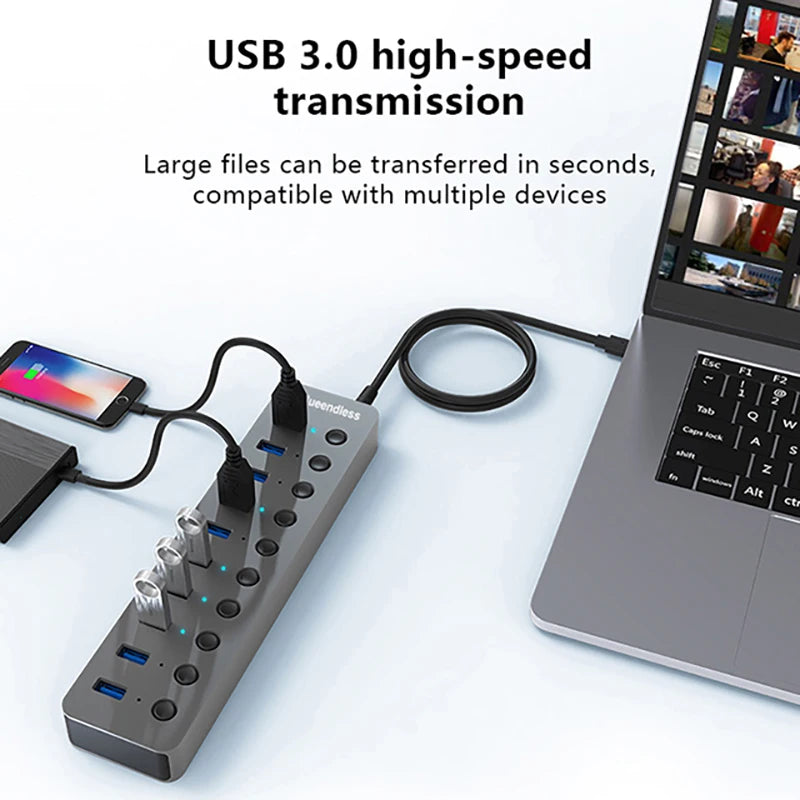 10 Ports Aluminum Alloy USB 3.0 Splitter Docking Station Hub