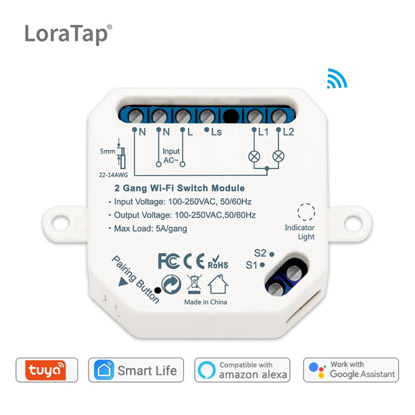 LoraTap 5A Plastic Voice Control 2 Gang Relay Breaker Module