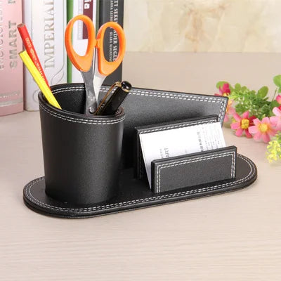 PU Leather Multifunctional Desk Organizer Elegant Card Pen Holder