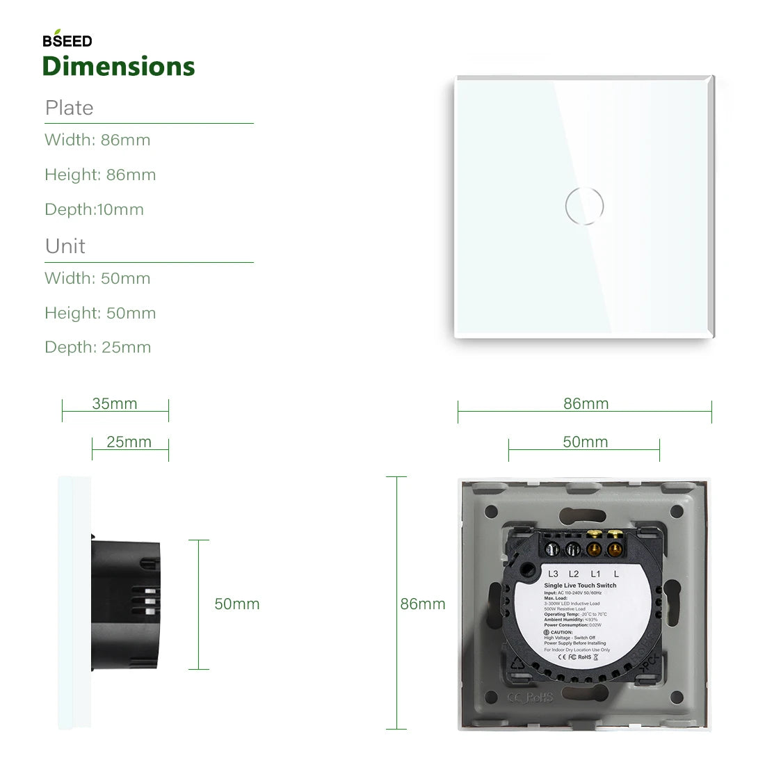 Bseed Alloy 1 Gang 1 Way Crystal Glass Panel Light Touch Switch