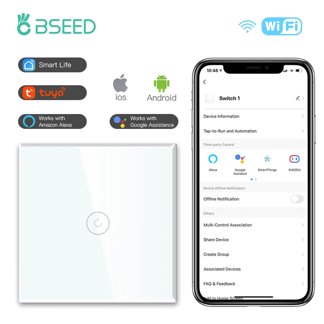 Bseed 10A Alloy 1 Gang 3 Way Touch Wifi Smart Compatible Switch
