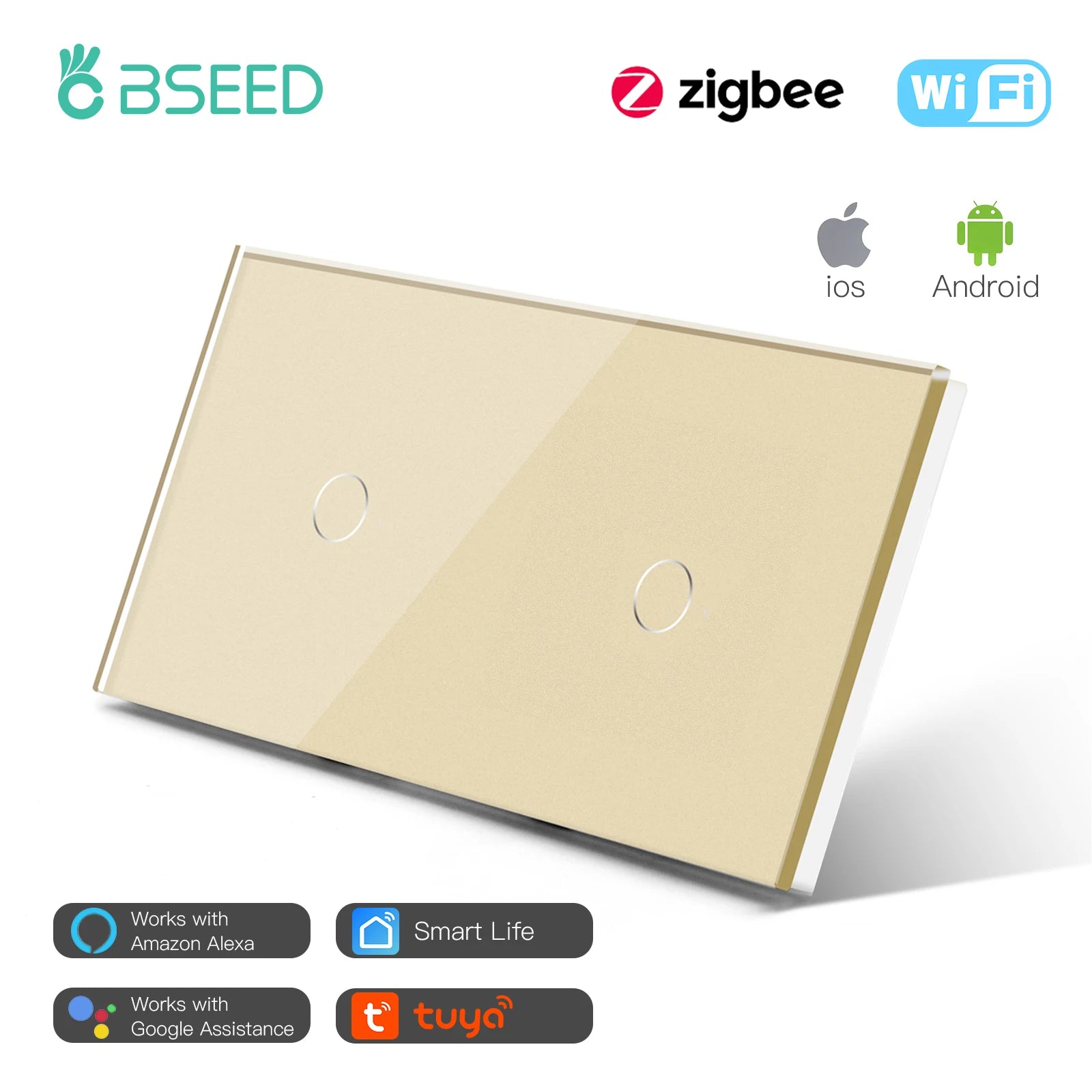 Bseed 10A Alloy 2 Gang Wifi Touch Light Compatible Smart Switch