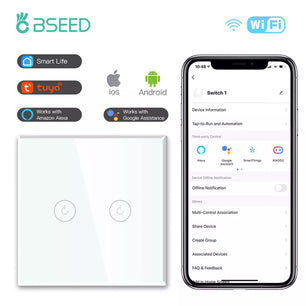 Bseed Alloy 2 Gang 3 Way Crystal Glass Panel Smart Touch Switch