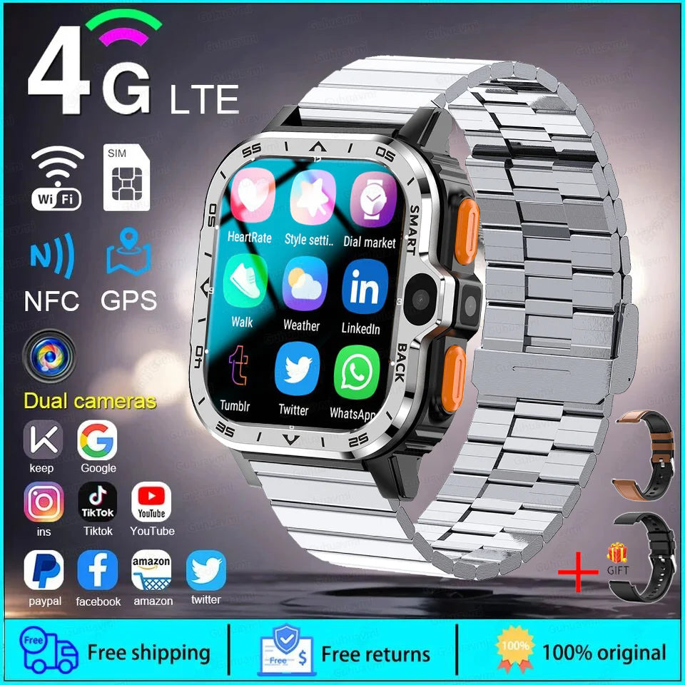 Fine Steel 4G Network GPS Bluetooth Square Shape Smart Watch