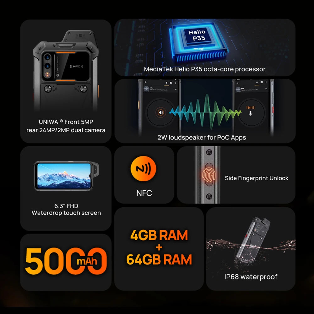 Rubber Rugged 5000mAh 4GB RAM 64GB 6.3 Inches FHD Smart Phone