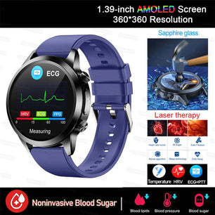 Stainless Steel ECG Blood Pressure Health Bluetooth Round Smart Watch