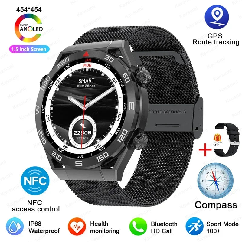 Stainless Steel GPS Motion Tracker Bluetooth Round Smart Watch