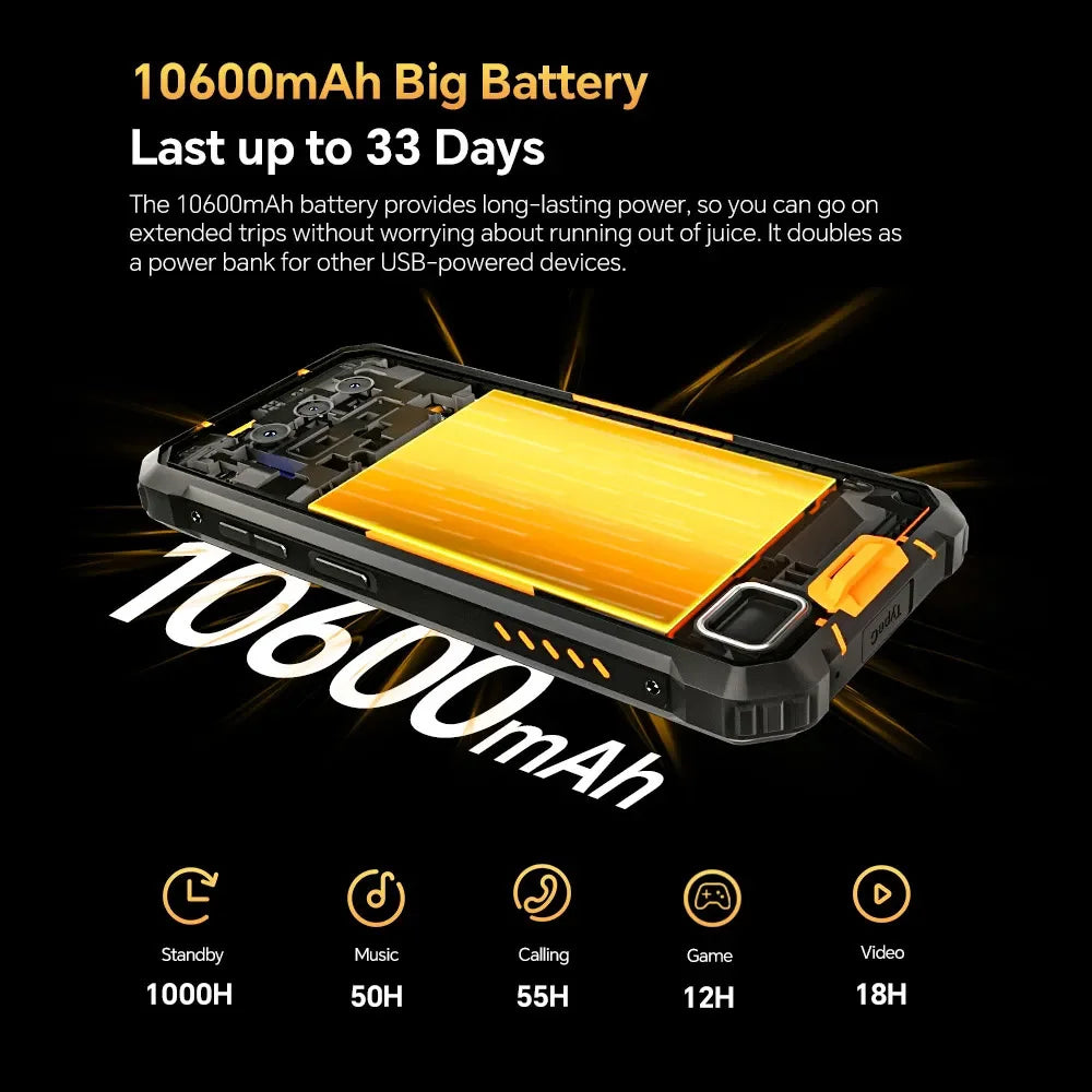 Rubber Rugged 10600mAh 8GB RAM 128GB 6.52 Inches FHD Smart Phone