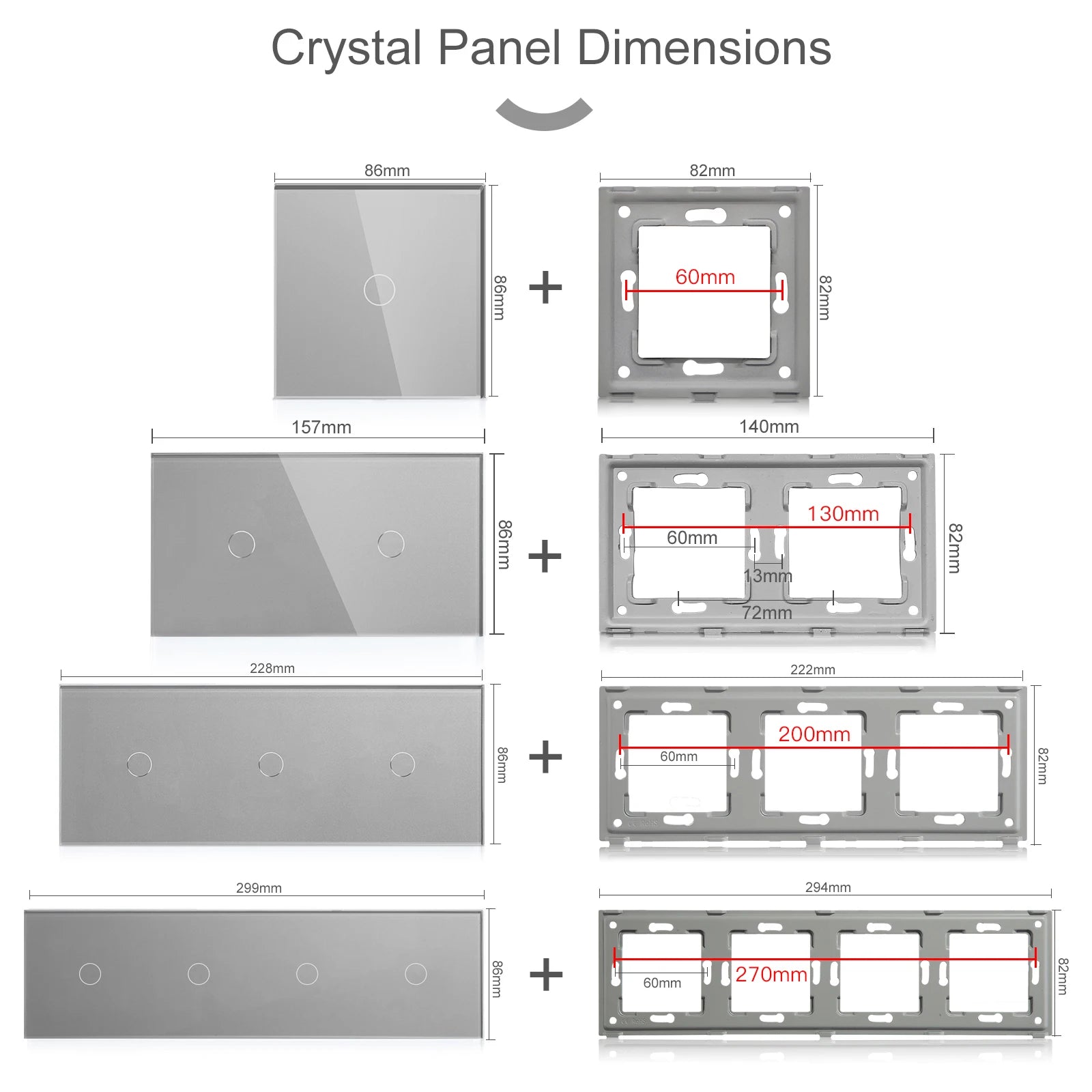 Bseed 10A Alloy 2 Gang Crystal Glass Panel Light Touch Switch