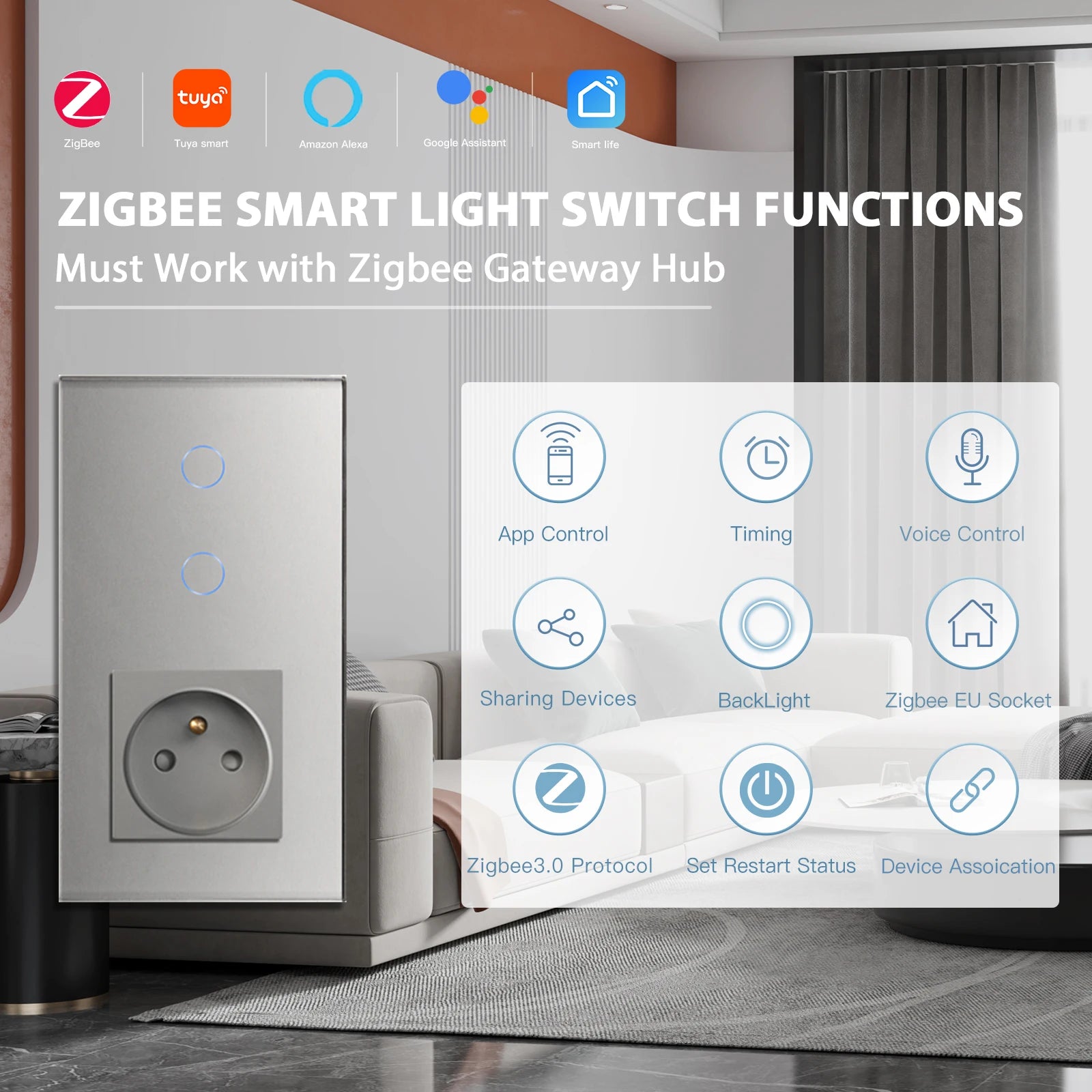 Bseed 10A Alloy 3 Gang Touch Switch With Single Wall Socket