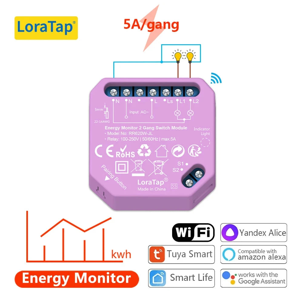 LoraTap 5A Plastic Voice Control 2 Gang Relay Breaker Module