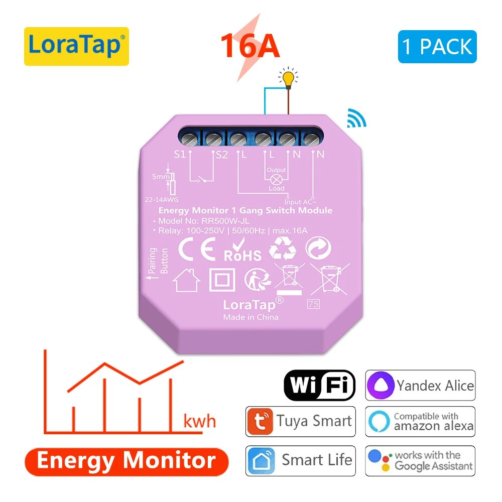 LoraTap 16A Plastic Automatic WIFI Relay Breaker Smart Module