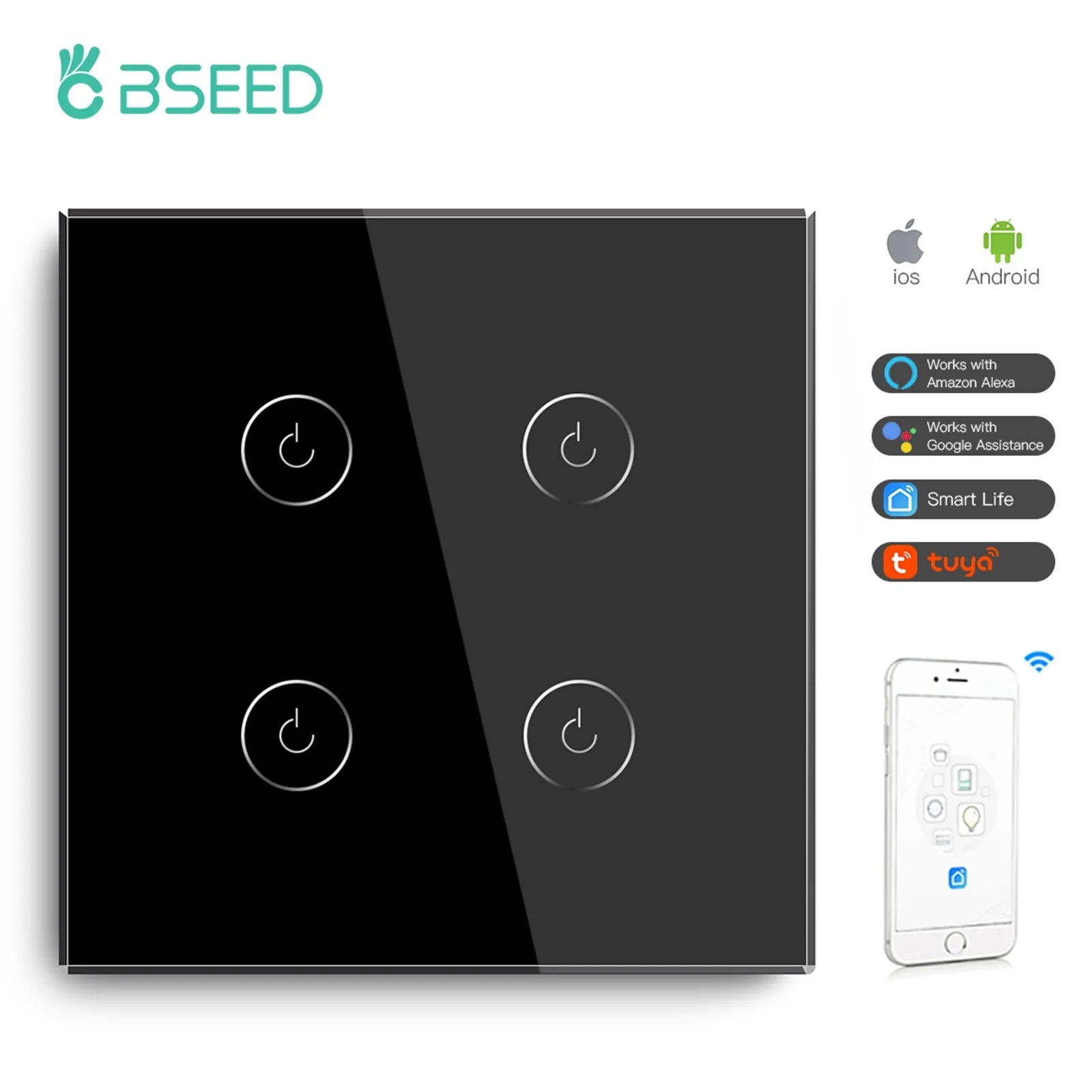 Bseed Alloy 4 Gang 1 Way Crystal Glass Panel Light Touch Switch