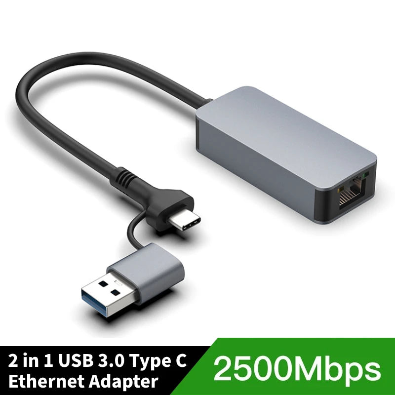 2-IN-1 2500Mbps USB 3.0 Type-C to RJ45 Ethernet Adapter For PC