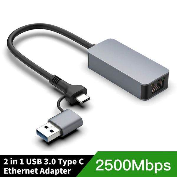 2-IN-1 2500Mbps USB 3.0 Type-C to RJ45 Ethernet Adapter For PC