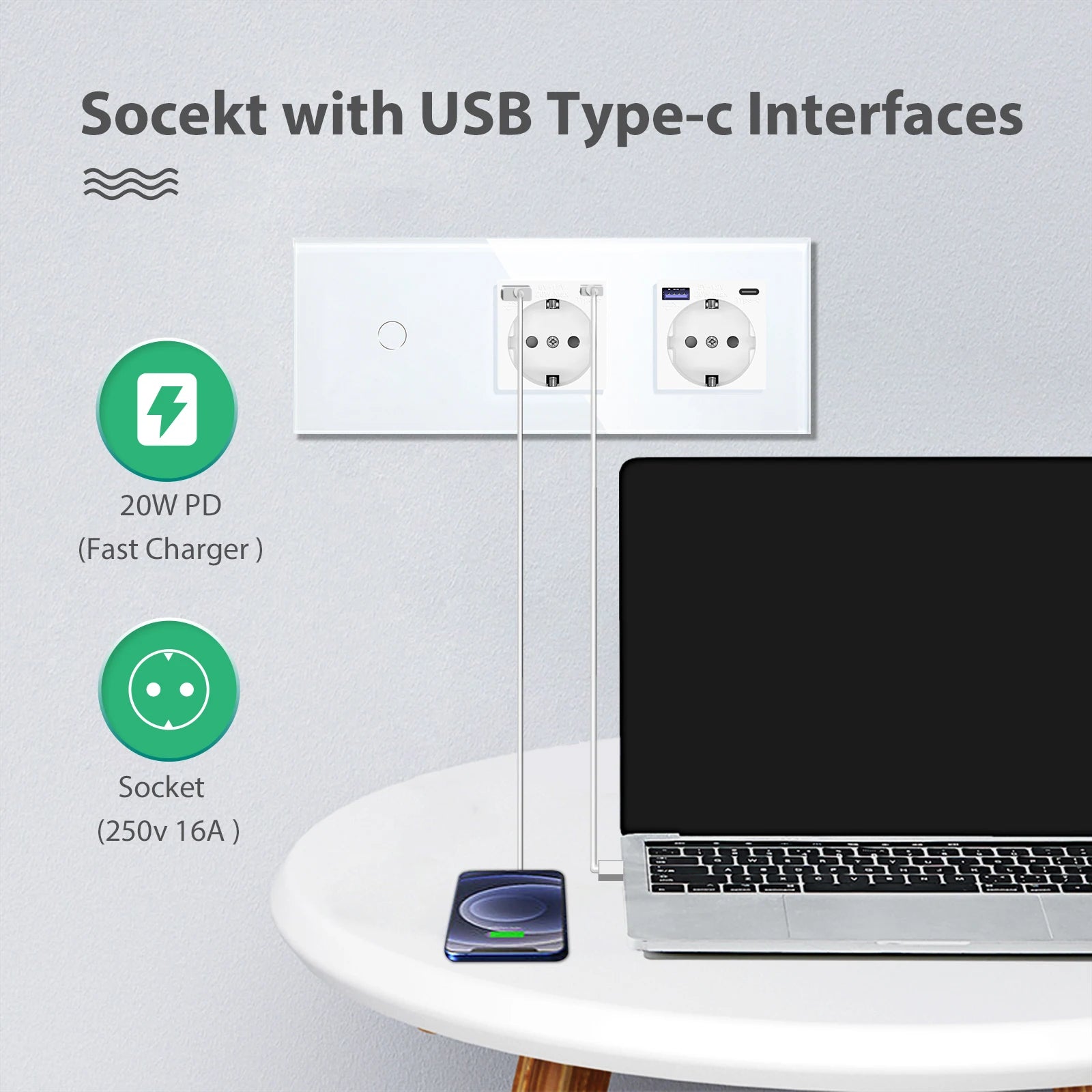 Bseed 10A Alloy 3 Gang Touch Switch With Double Wall Socket