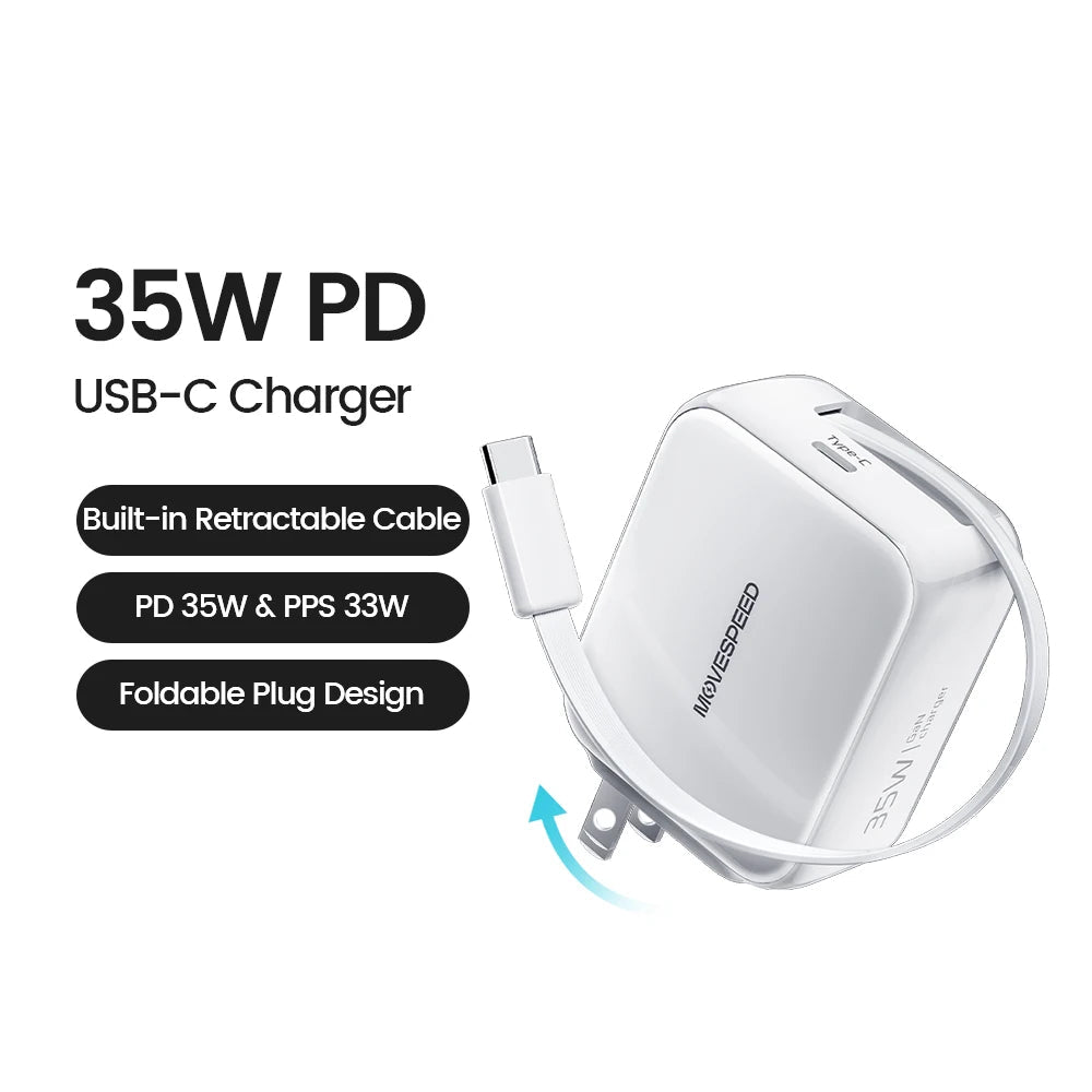 35W Retractable Cable USB Type-C High Speed Charger For Mobile