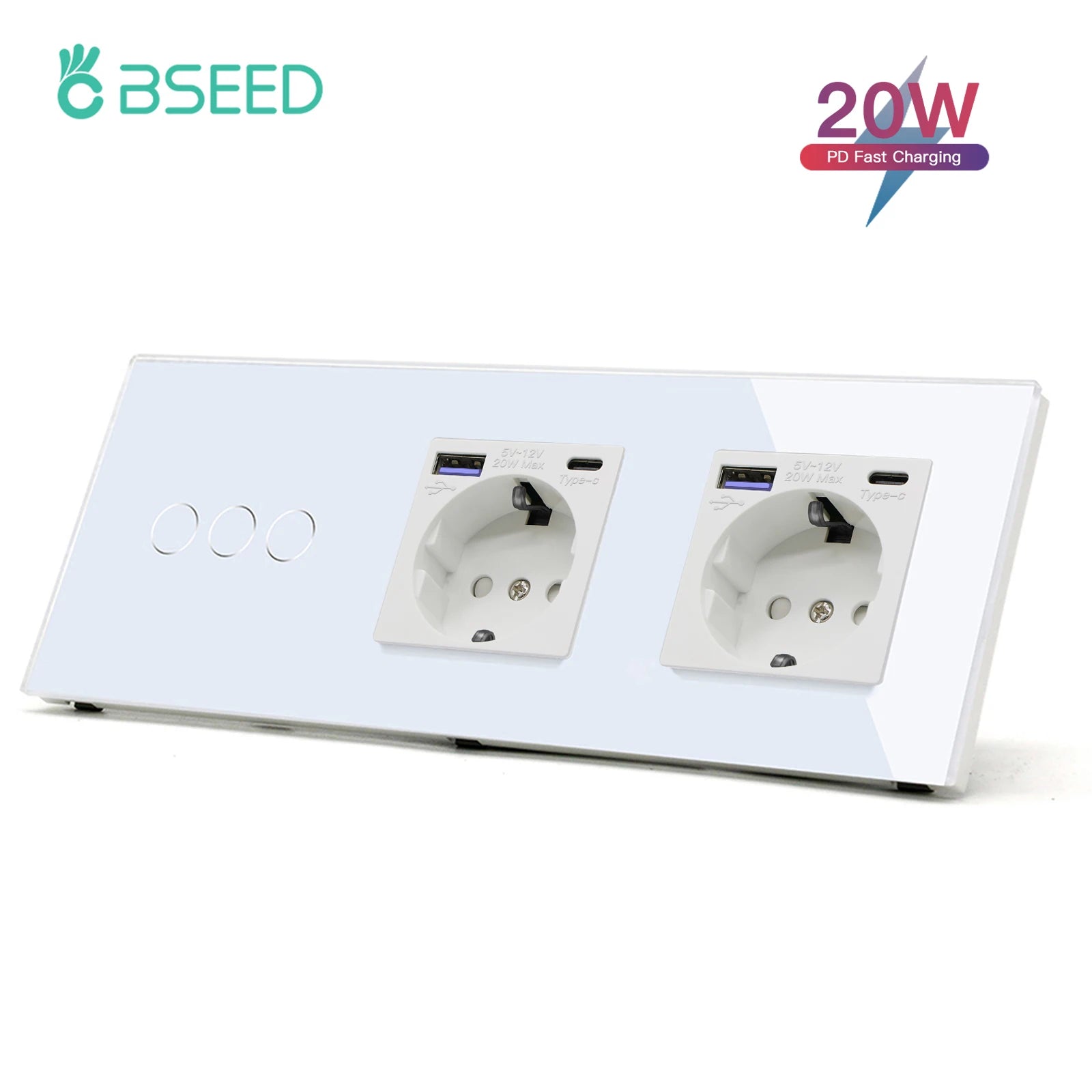 Bseed 10A Alloy 3 Gang Touch Switch With Double Wall Socket