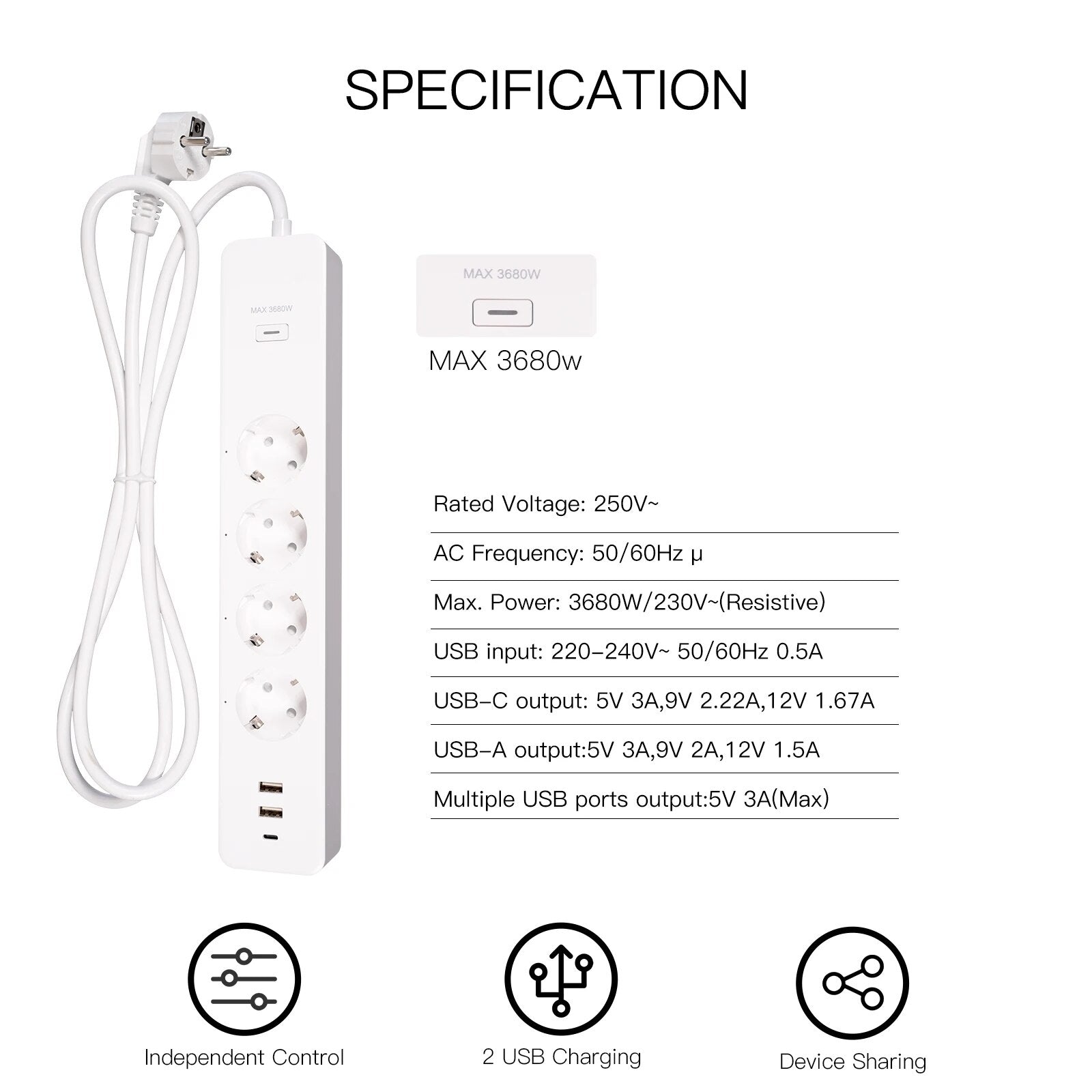 Moes Plastic Panel WIFI USB Voice Control Smart Power Socket