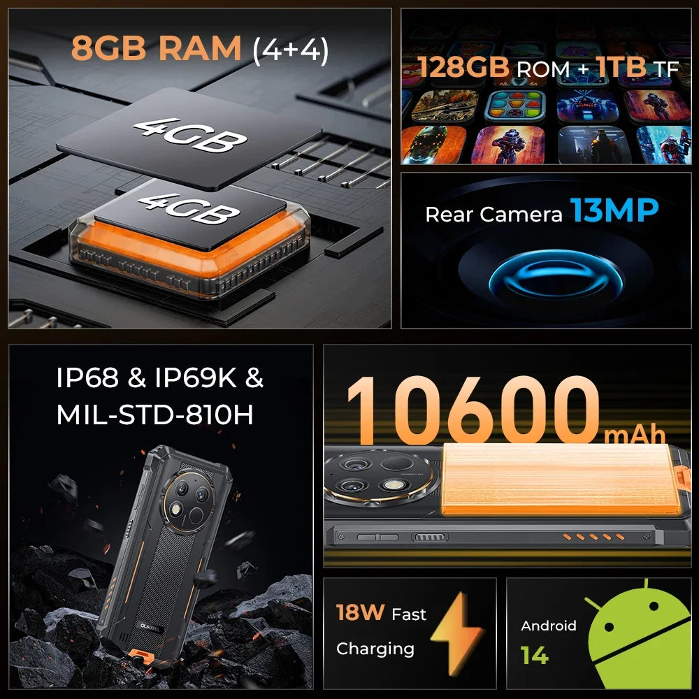 Rubber Rugged 10600mAh 4GB RAM 128GB 6.52 Inches FHD Smart Phone