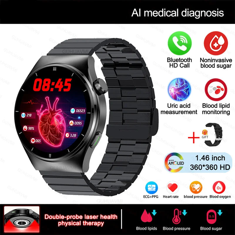 Fine Steel Medical Grade Health Bluetooth Round Smart Watch