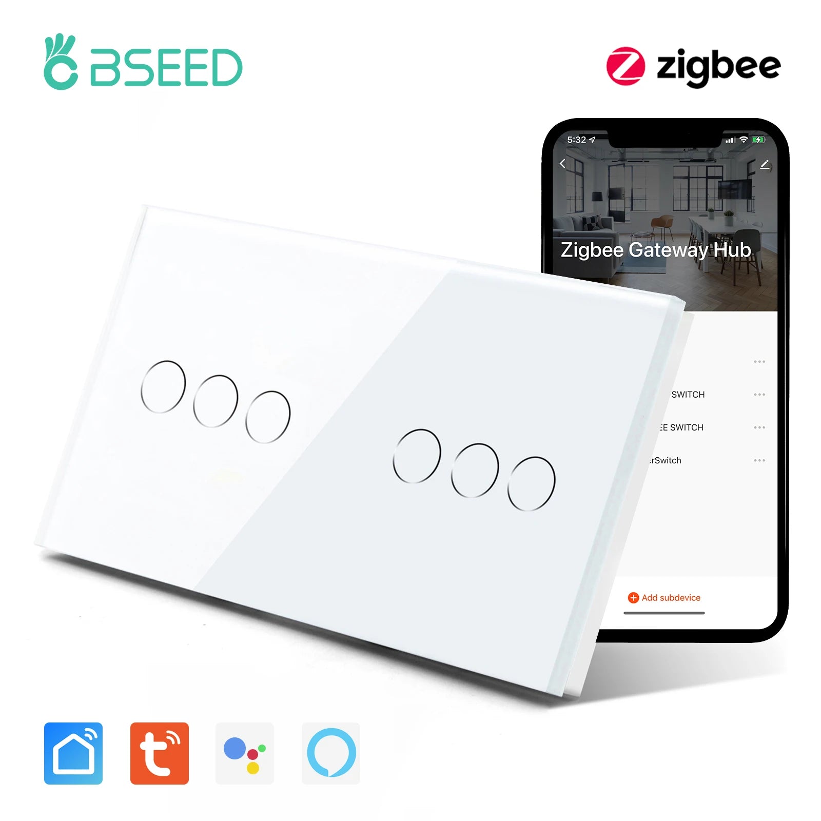 Bseed 10A 3 Gang Touch Wifi Smart Voice Control Wall Switch