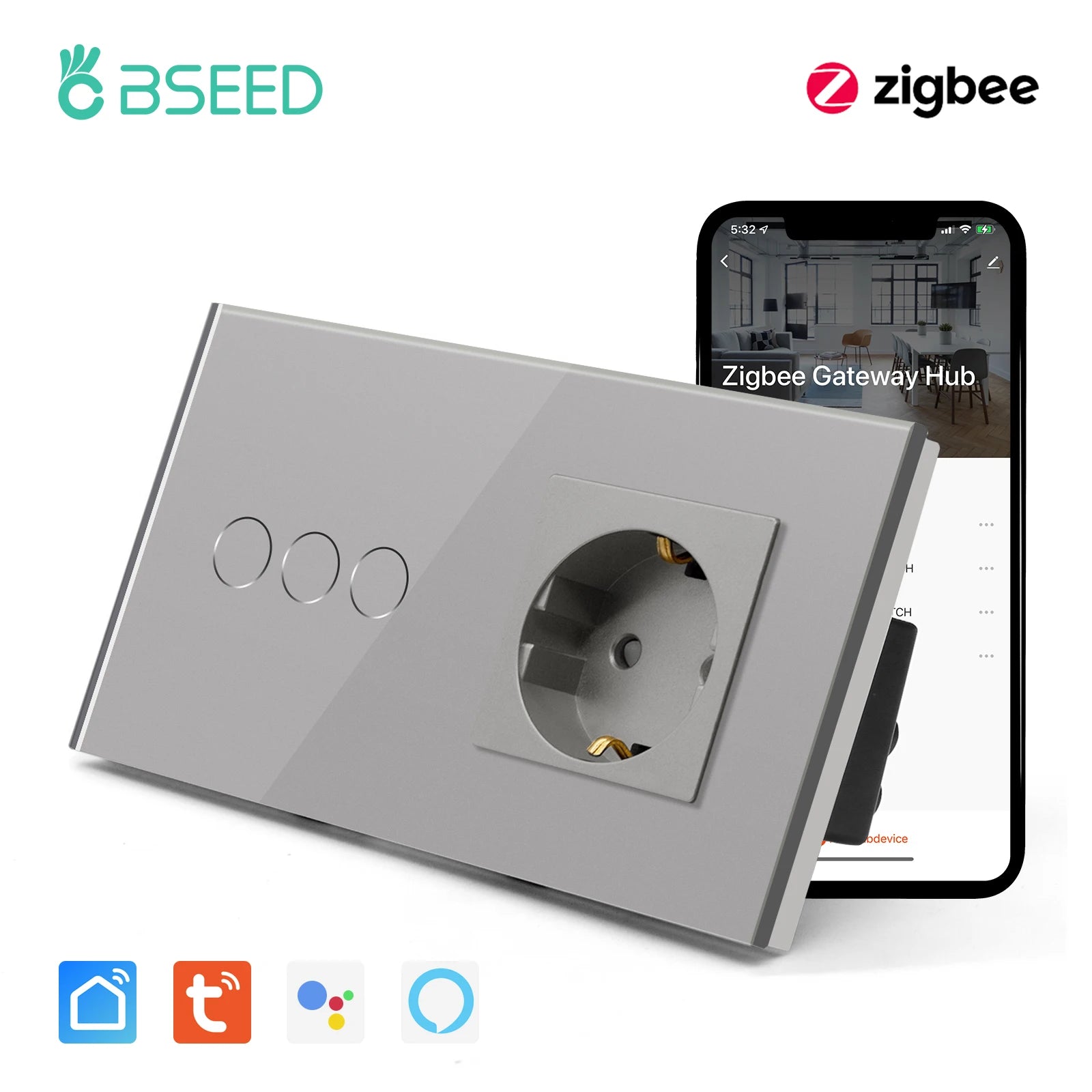 Bseed 16A Alloy 3 Gang Crystal Glass Panel Wall Light Touch Switch