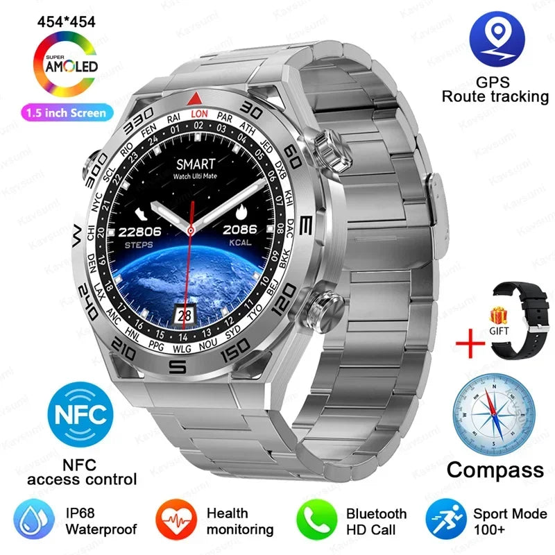 Stainless Steel GPS Motion Tracker Bluetooth Round Smart Watch