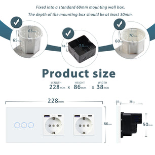 Bseed 10A Alloy 3 Gang Touch Switch With Double Wall Socket