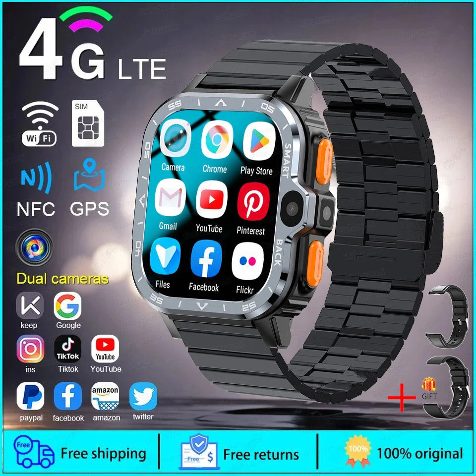 Fine Steel 4G Network GPS Bluetooth Square Shape Smart Watch