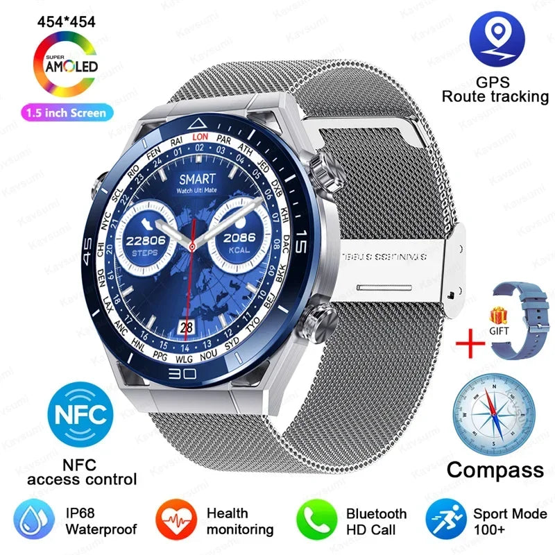 Stainless Steel GPS Motion Tracker Bluetooth Round Smart Watch