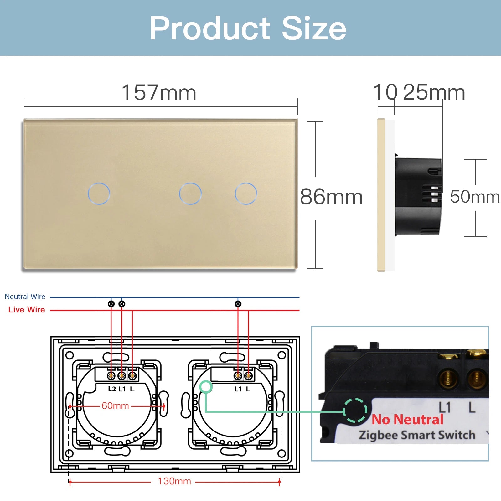 Bseed 10A 3 Gang Touch Wifi Smart Voice Control Wall Switch