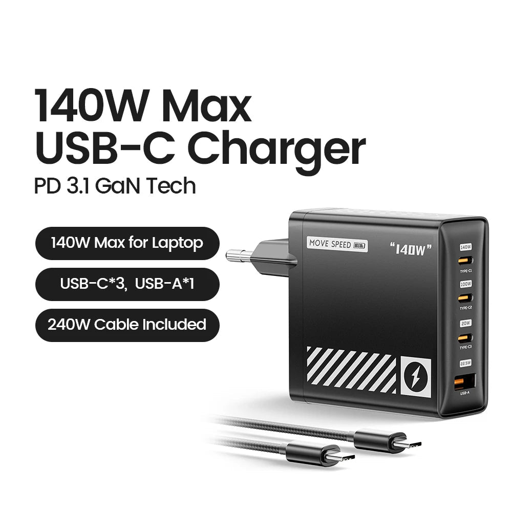 140W 4 Ports USB Type-A Type-C High Speed Charger For Mobile