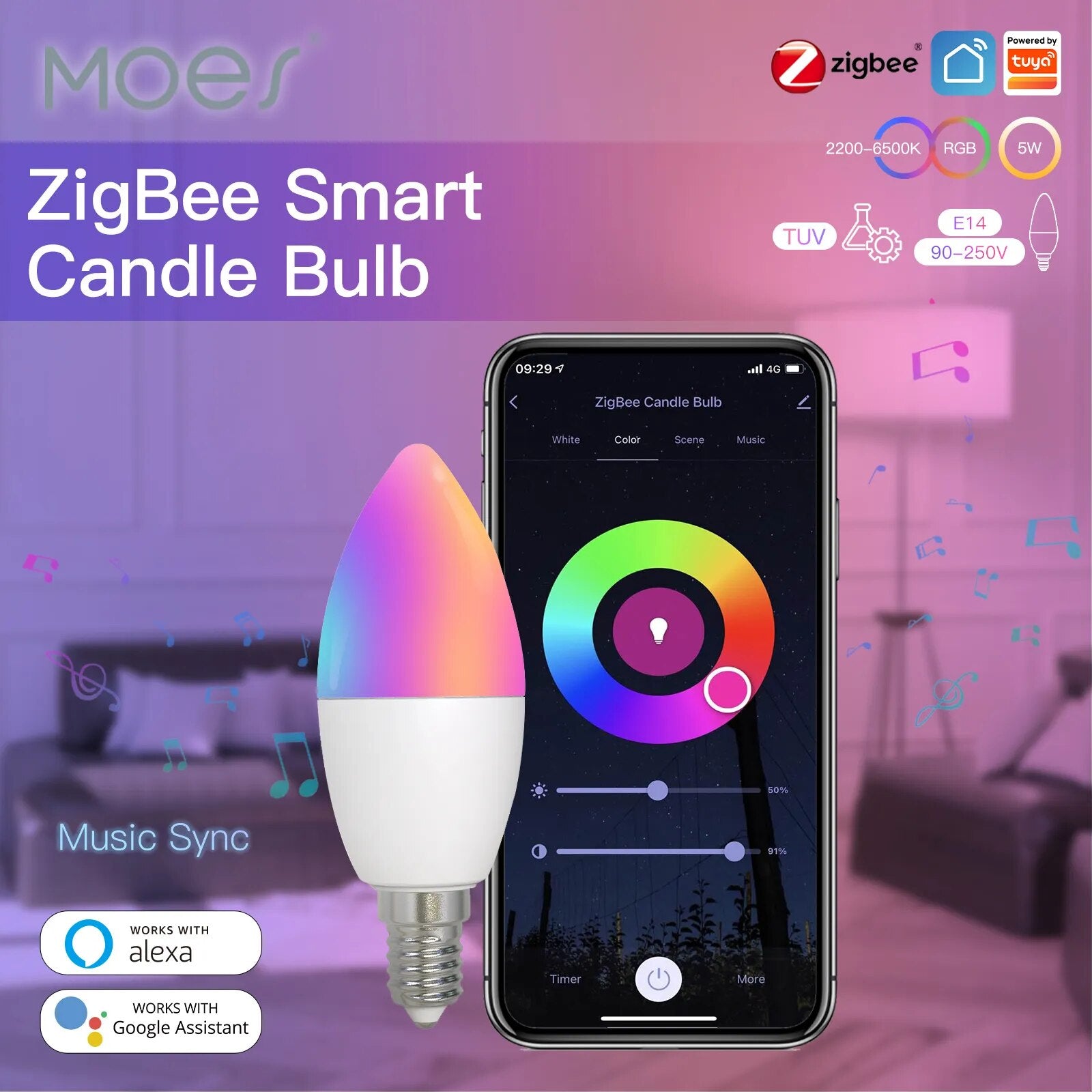 Moes Dimmable LED Light Zigbee Voice Control Smart Bulb