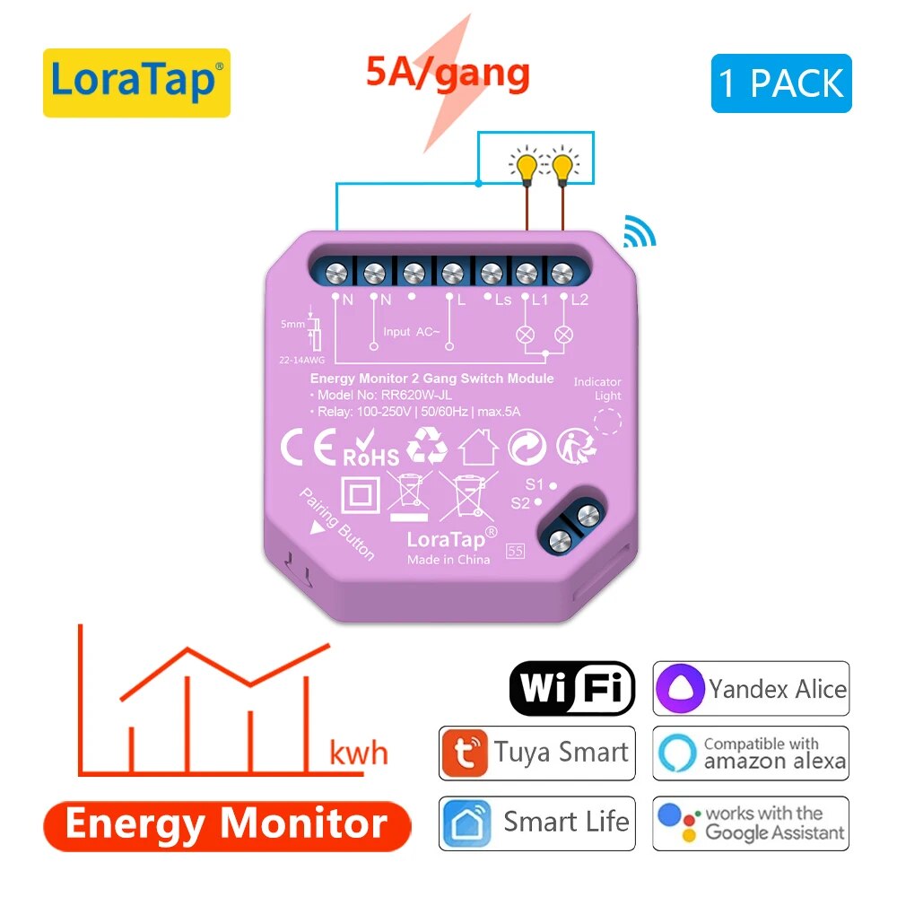 LoraTap 16A Plastic Automatic WIFI Relay Breaker Smart Module