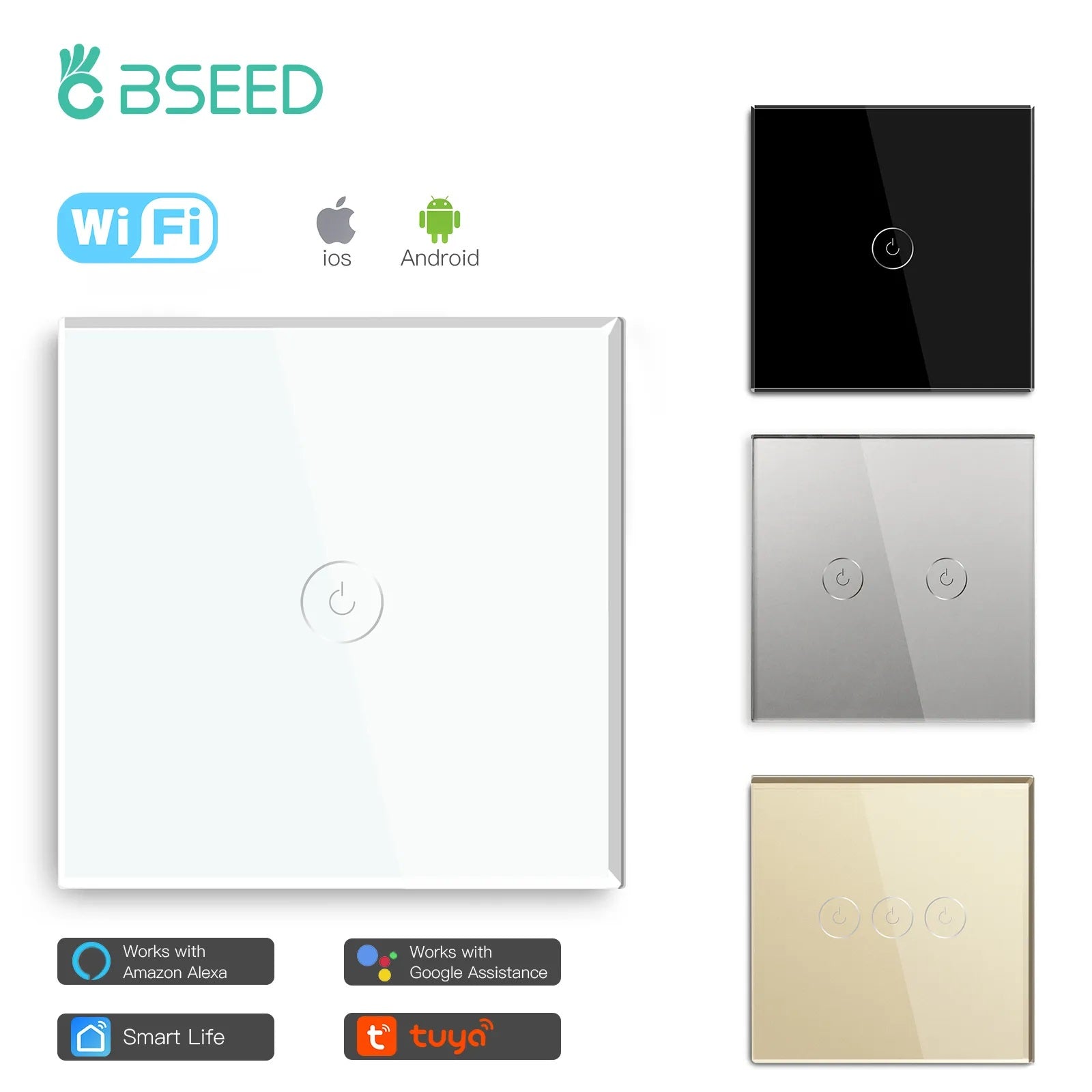 Bseed Alloy 4 Gang 1 Way Crystal Glass Panel Light Touch Switch