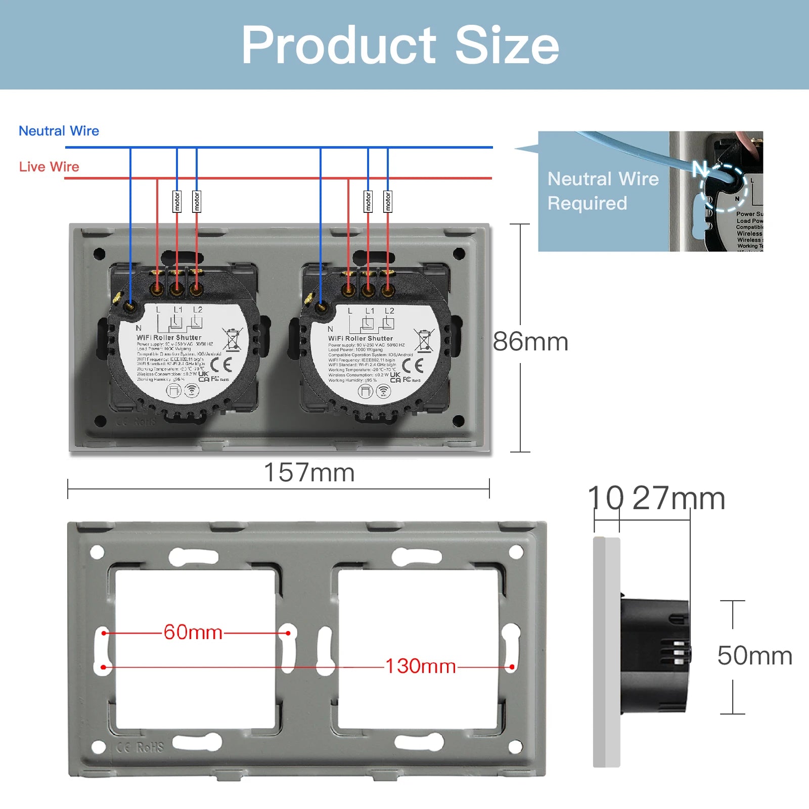 Bseed 10A Alloy 3 Gang Crystal Glass Panel Wall Light Touch Switch