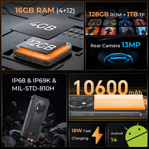 Rubber Rugged 10600mAh 4GB RAM 128GB 6.52 Inches FHD Smart Phone