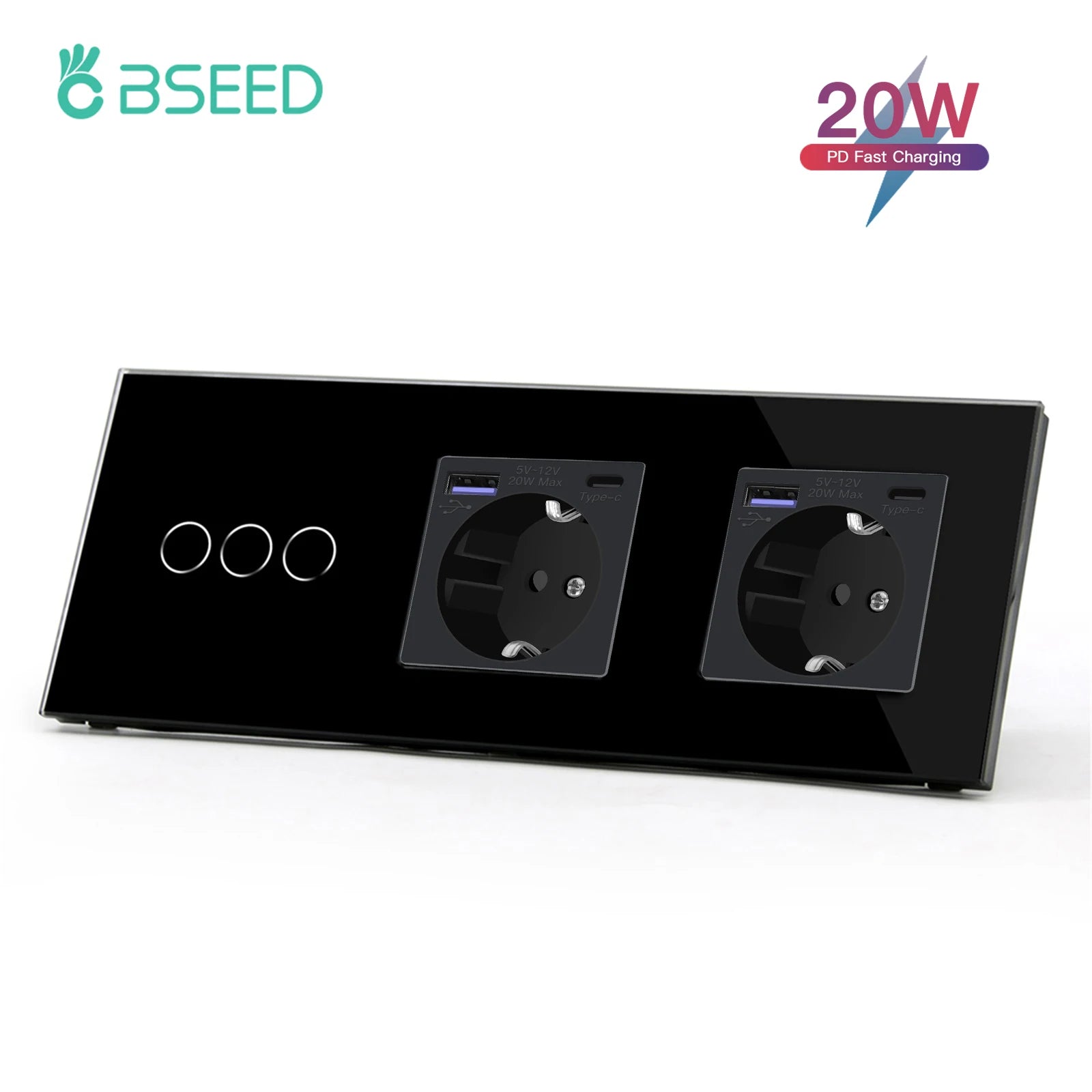 Bseed 10A Alloy 3 Gang Touch Switch With Double Wall Socket