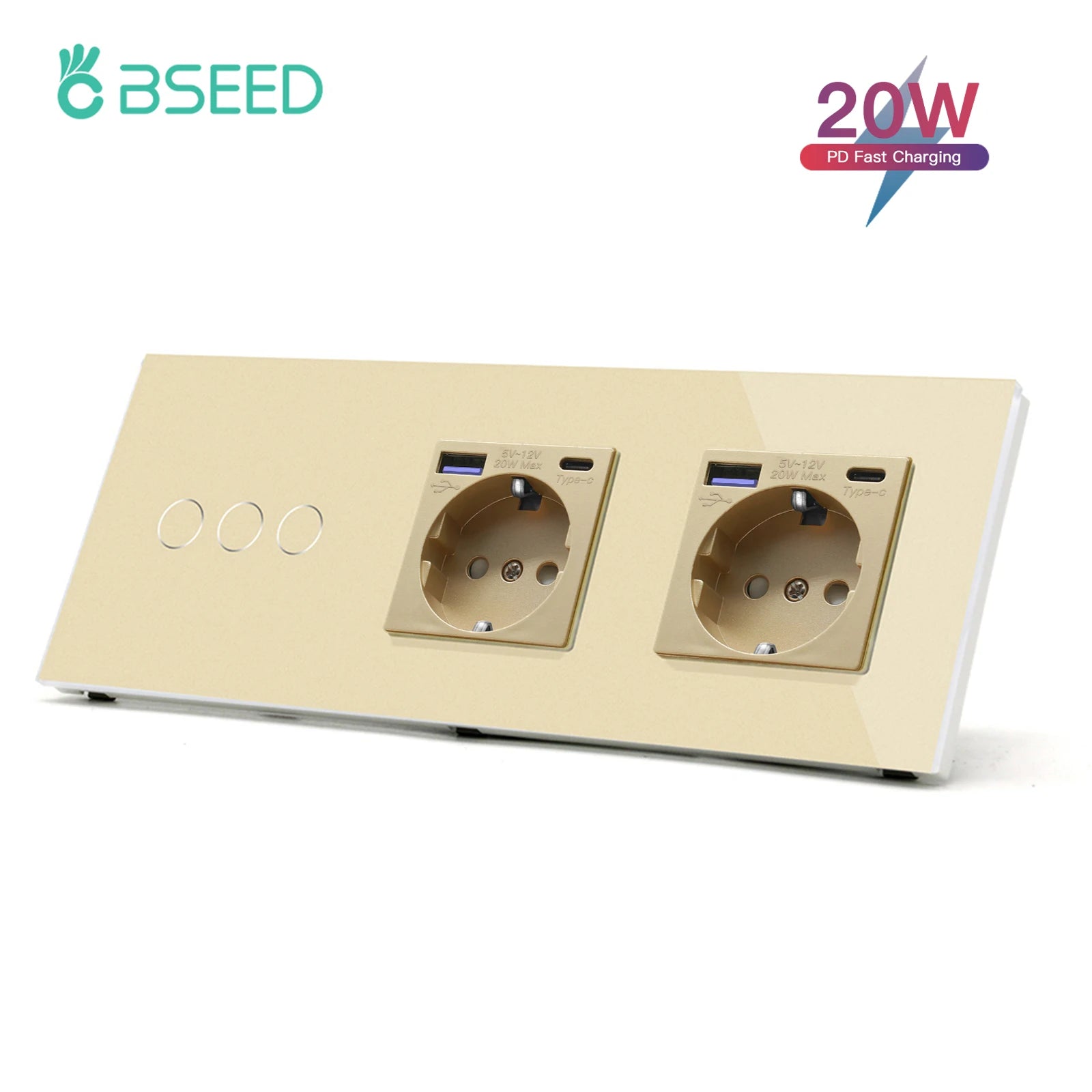 Bseed 10A Alloy 3 Gang Touch Switch With Double Wall Socket