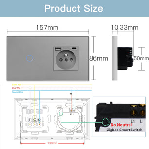 Bseed 10A Alloy 3 Gang Touch Switch With Single Wall Socket